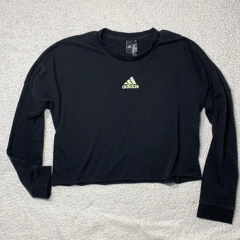 Adidas Women’s Black Crew Neck Cropped Pullover Sweatshirt sz Large Sporty Comfy